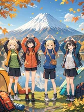 富士山が見えるキャンプ場に来た女の子たち