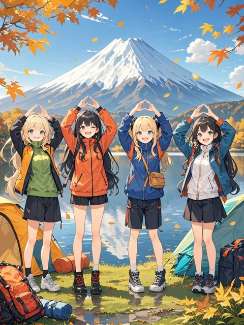 富士山が見えるキャンプ場に来た女の子たち