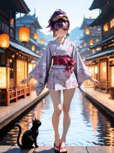 灯籠流しの夜…パンク娘と黒ニャンコ…紫 — 浴衣のAIイラスト|SUPPART