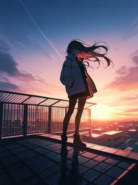屋上の夕焼け、風と光、広い空、開放感のある雰囲気