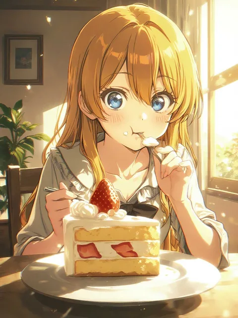 いちごのショートケーキを食べている自分の部屋の中で女の子