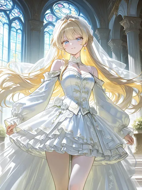 純白のミニ丈のウェディングドレス正面 - 花嫁のベール