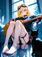窓にあたる雨音とギターの音…パンク娘と黒ニャンコ…黄 — ギターイラストのAIイラスト|SUPPART