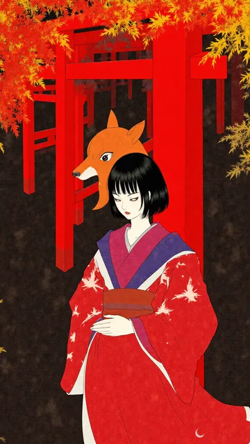 秋の深まった日、紅葉が鮮やかに色付いた千本鳥居の下に