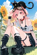 向日葵畑にやって来た…パンク娘と黒ニャンコ…桃 — 向日葵畑イラストのAIイラスト｜SUPPART