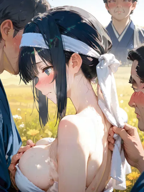 藍の作務衣を着て黒髪を手ぬぐいで姉さん被りにした日本人の農婦
