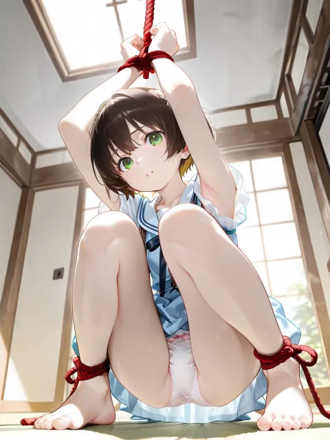 Brown short hair、Green eyes