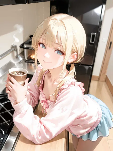 金髪おさげ部屋着少女、カウンターに手をついて笑顔 - ホットココア