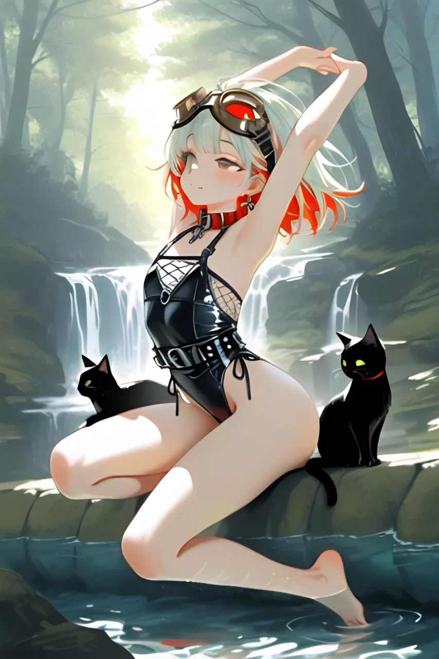 滝つぼで水遊びしてる…パンク娘と黒ニャンコ…緑