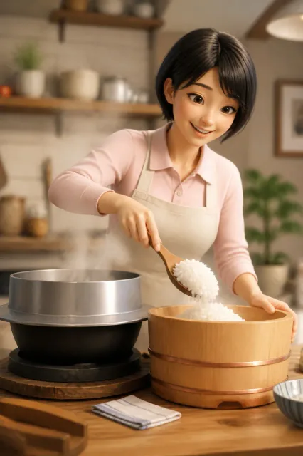 炊きたてのご飯は、先ずはお櫃に移すのョ!