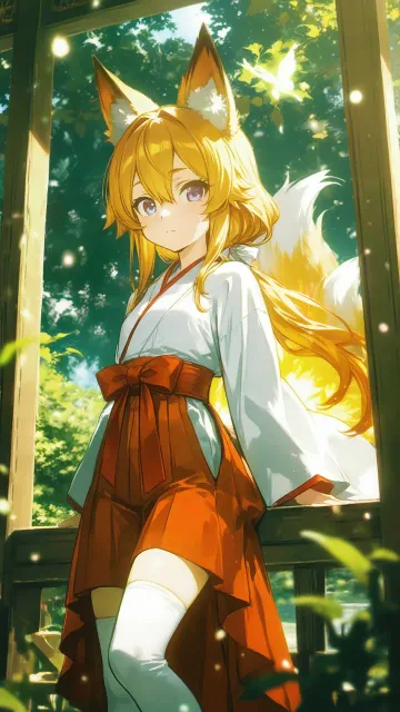 小柄な美少女、巫女服、傍にキツネの精霊、神聖な雰囲気