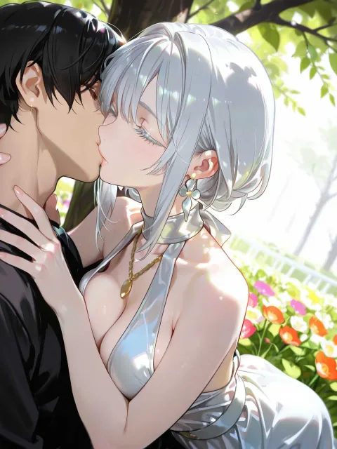 男性の首に両腕ん回してキスする美しい女性、男性と女性 - 接吻