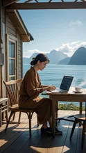 静かな湖畔での仕事　Working by a quiet lake