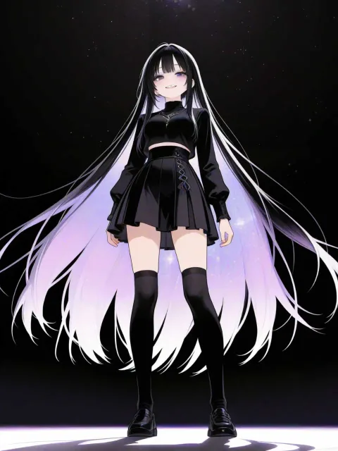 黒髪ロングハーフツイン左目前髪で隠れてる目の色黒服は星夜空イ…