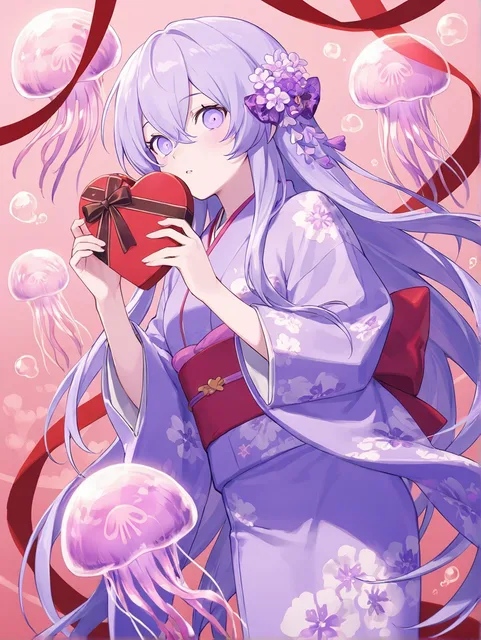 薄紫色の目の女の子、薄紫色のロングヘア、バレンタイン、クラゲ