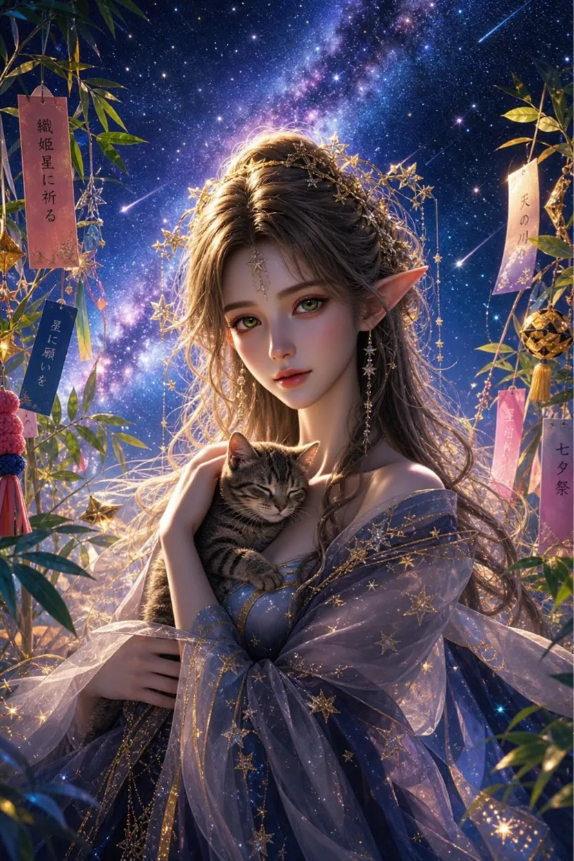 星降る夜の織姫とエルフ