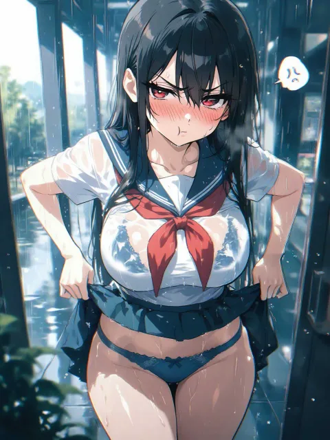 学生服、羞恥の表情、頬を膨らませてジト目、えっちな雰囲気