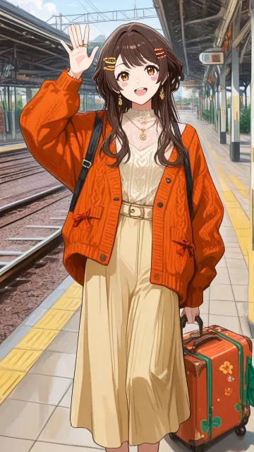 秋の連休、仲良しの女性二人が旅行に出発する、キャリーケース、秋のコーデ、駅のホーム、笑顔で手を振る、青春映画のような爽や…