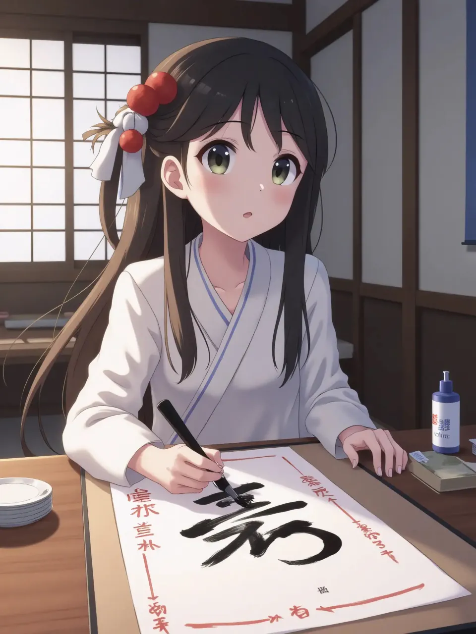彼女の書道の風景を撮影