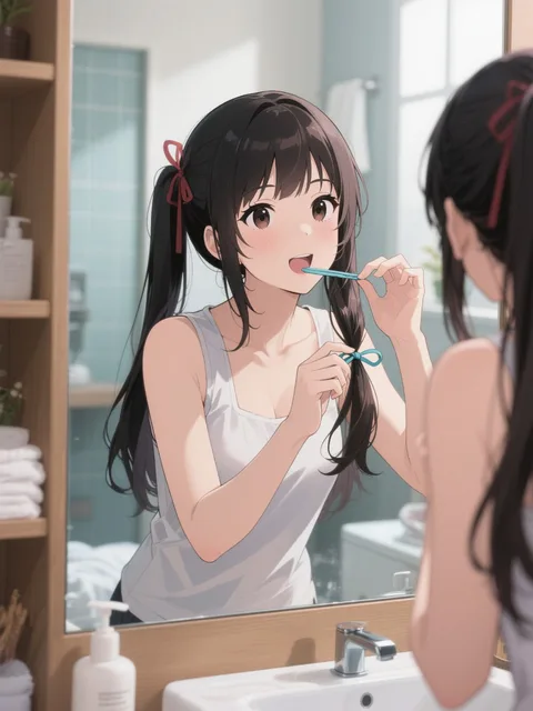 朝の支度、鏡の前、髪を言っている女の子