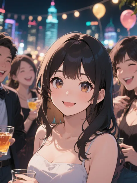 夜の二次会、友だち、夜の街、楽しい雰囲気、girl