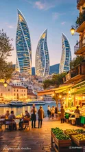 A futuristic Mediterranean city with torch-like buildings and a traditional port town