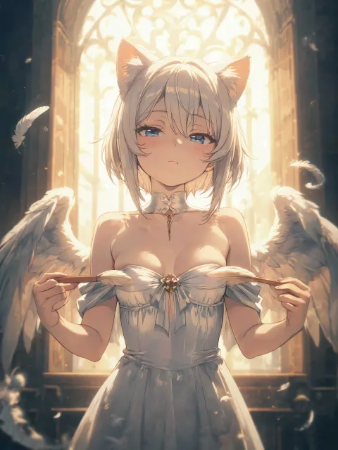 白い羽の天使と黒い翼の悪魔のドレス姿の色っぽい成年女性がふた…