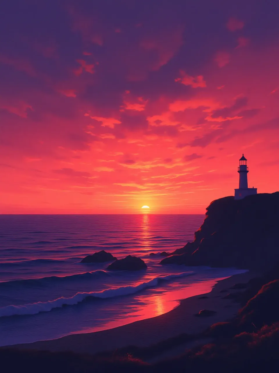 夕日に浮かぶ灯台