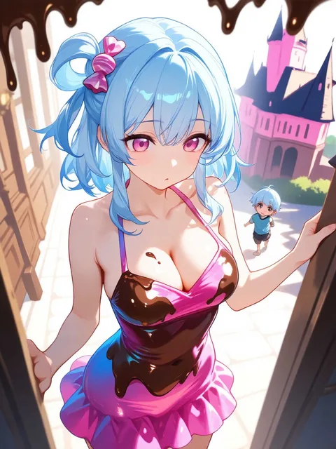 チョコのお城、ピンクと水色の髪の女の子、お菓子のドレス