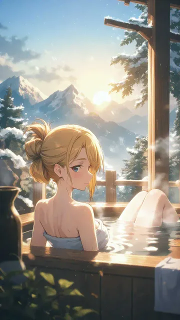 温泉旅館の朝 露天風呂のAIイラスト - SUPPART