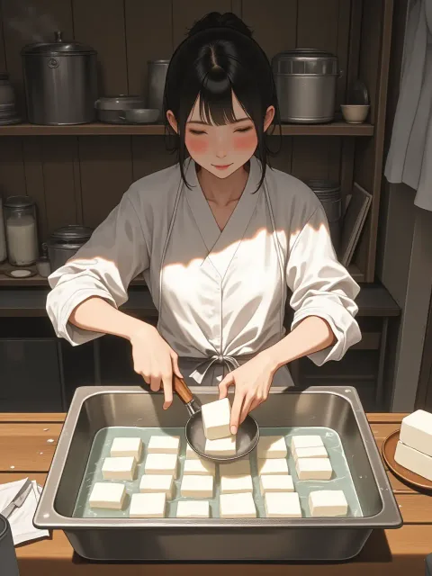 白い前掛けをつけて袖をまくった日本人の成年女性の豆腐屋