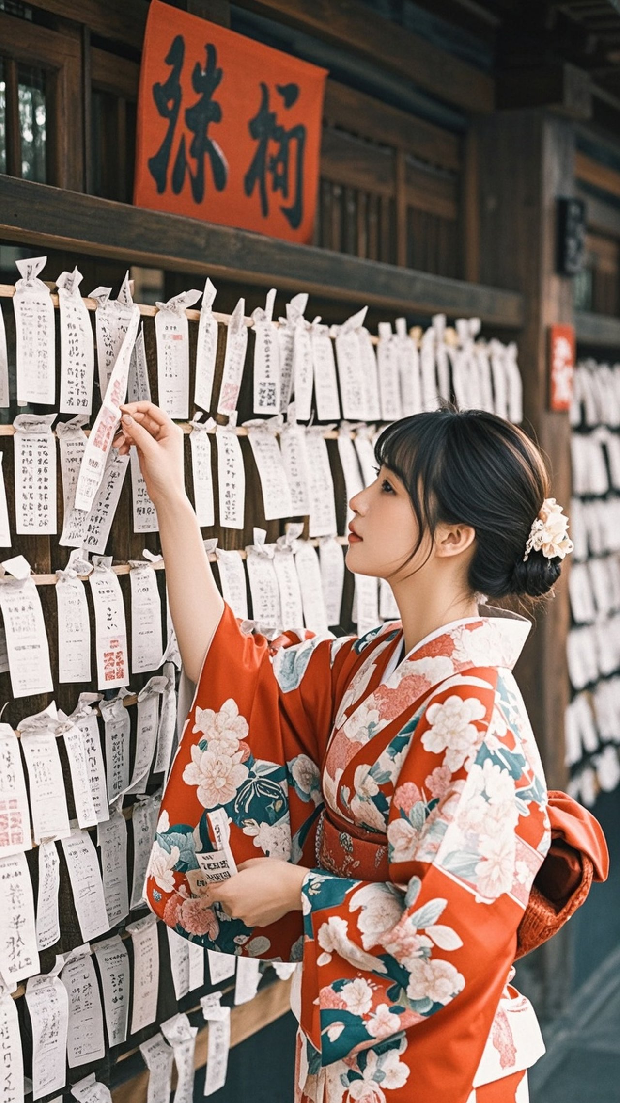 A woman drawing omikuji fortune slips, countless fortunes tied on a wooden rack, kimono sleeves, Japanese color palette, natural light, close-up, film look, ultra-detailed — レイ@お絵かきさんのAIイラスト