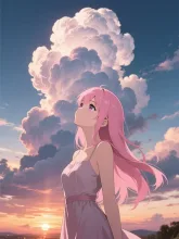 ピンクヘアーと夕焼け