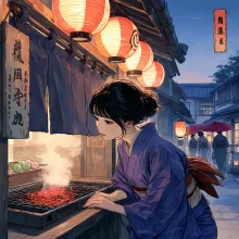炭火に見入る