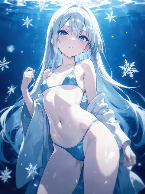 青白いマイクロビキニの妖艶で美しい雪女の美少女、舞う雪の結晶