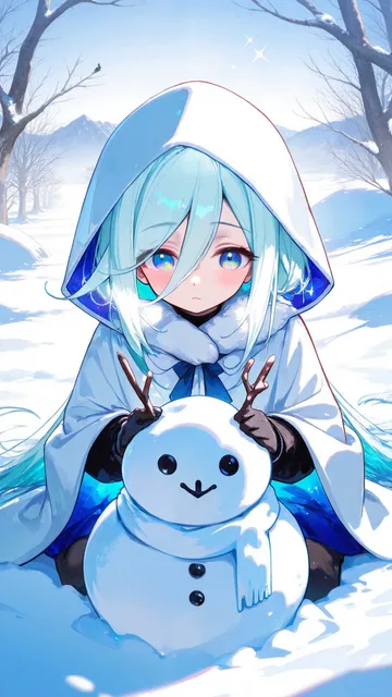 雪だるまを作る少女、雪景色、キラキラ