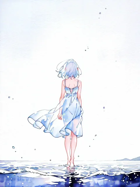 境界線の上に立つ成年女性、背中で夏と冬が分かれる