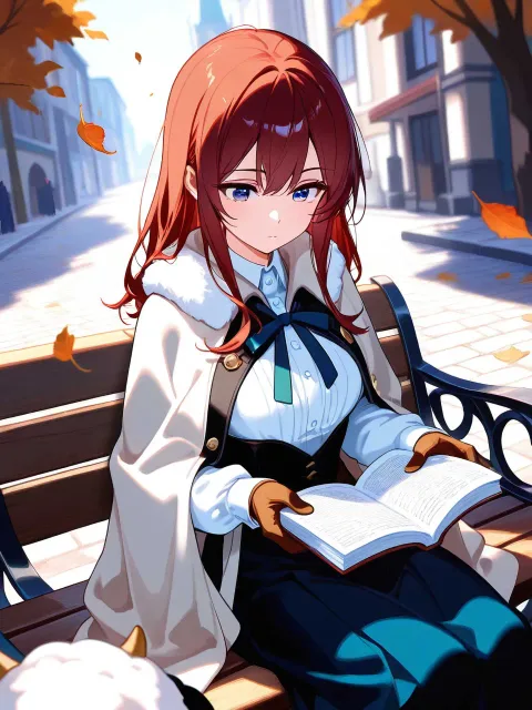 落ち葉舞うベンチに座り読書をする18歳くらいの少女 - ケープ