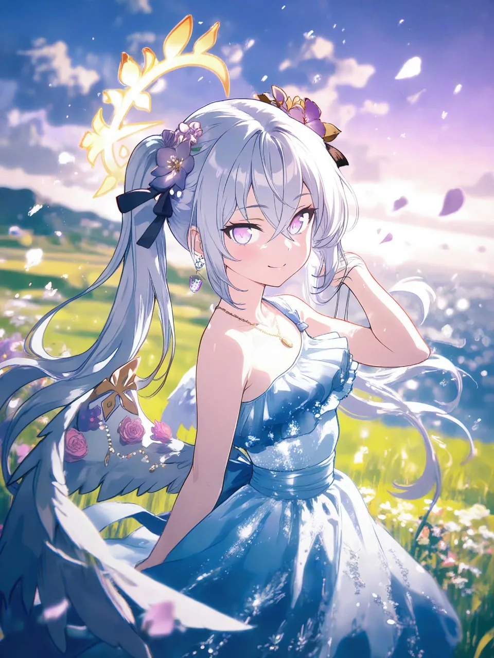 夕暮れの花畑とドレスアズサ