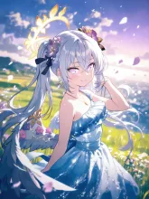 夕暮れの花畑とドレスアズサ