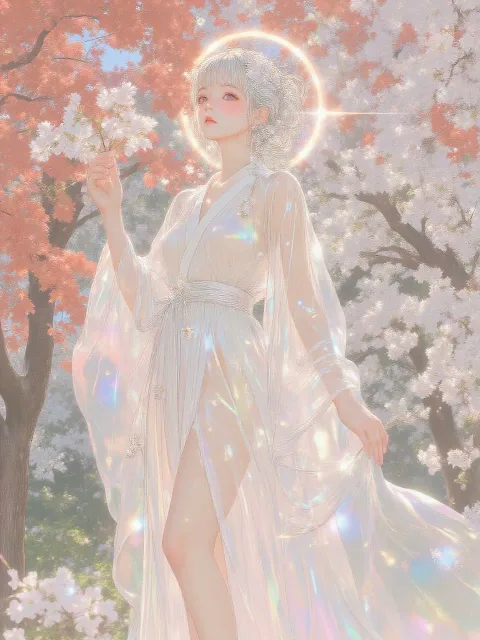 美しい天女の薄い衣姿、手には白梅の花の枝 - 天女の衣