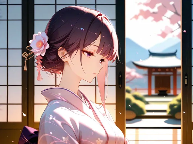早春の日本庭園で、淡い色の着物を着た優美な日本女性が