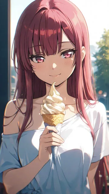 肩出しのシャツ、ソフトクリームを持つ美少女、色っぽい流し目