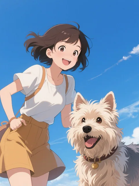 背景は青い空で元気な女性とシーズ犬