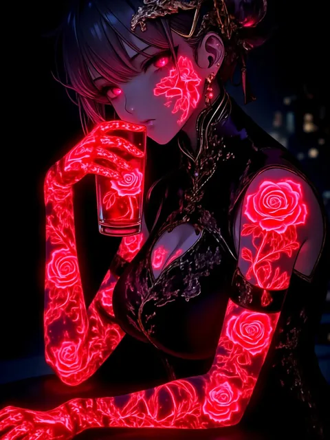 美少女が片手に薔薇の沢山入ったグラスを持っている