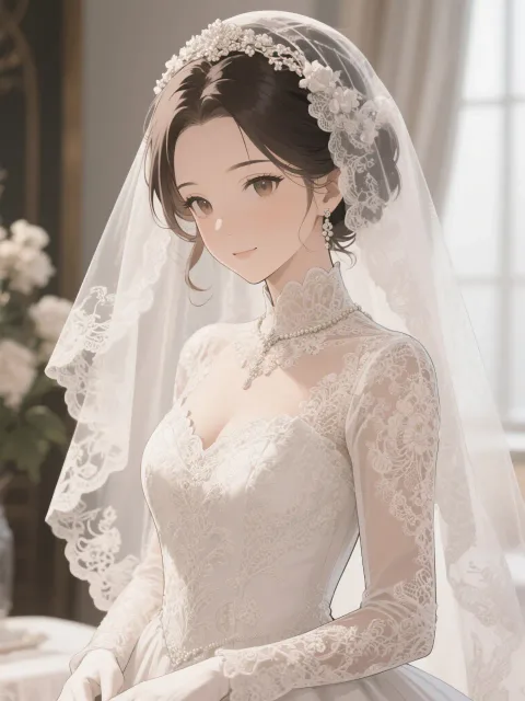 花嫁の朝、ドレスのレース、繊細な表現