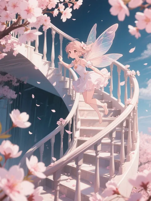 桜の螺旋階段を飛んでいる美しい桜の妖精 - 春のはじまり