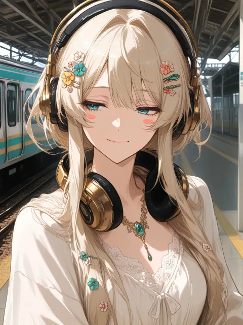 きちんとした服装、大きなヘッドホンをつけた成年女性