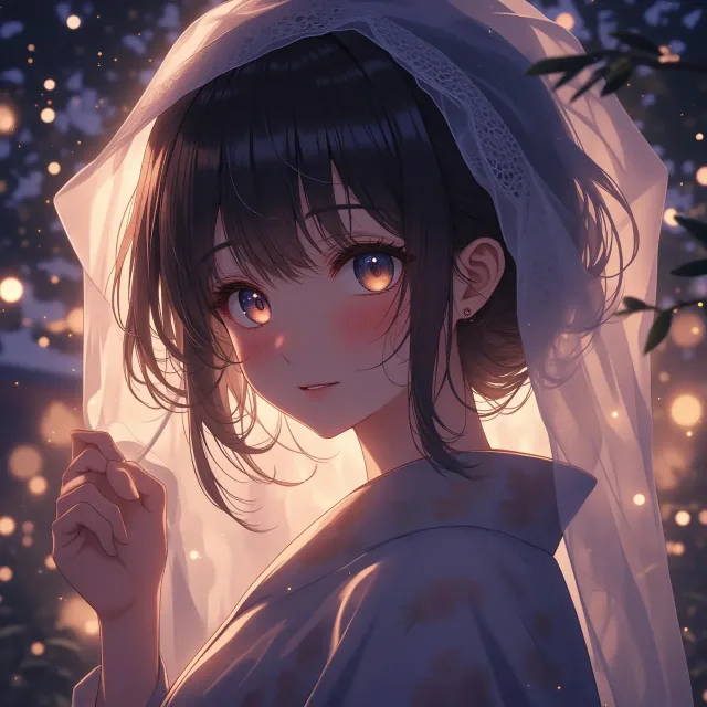 蚊帳の中の浴衣美人、ほのかな灯り、夏の夜、優しい眼差し