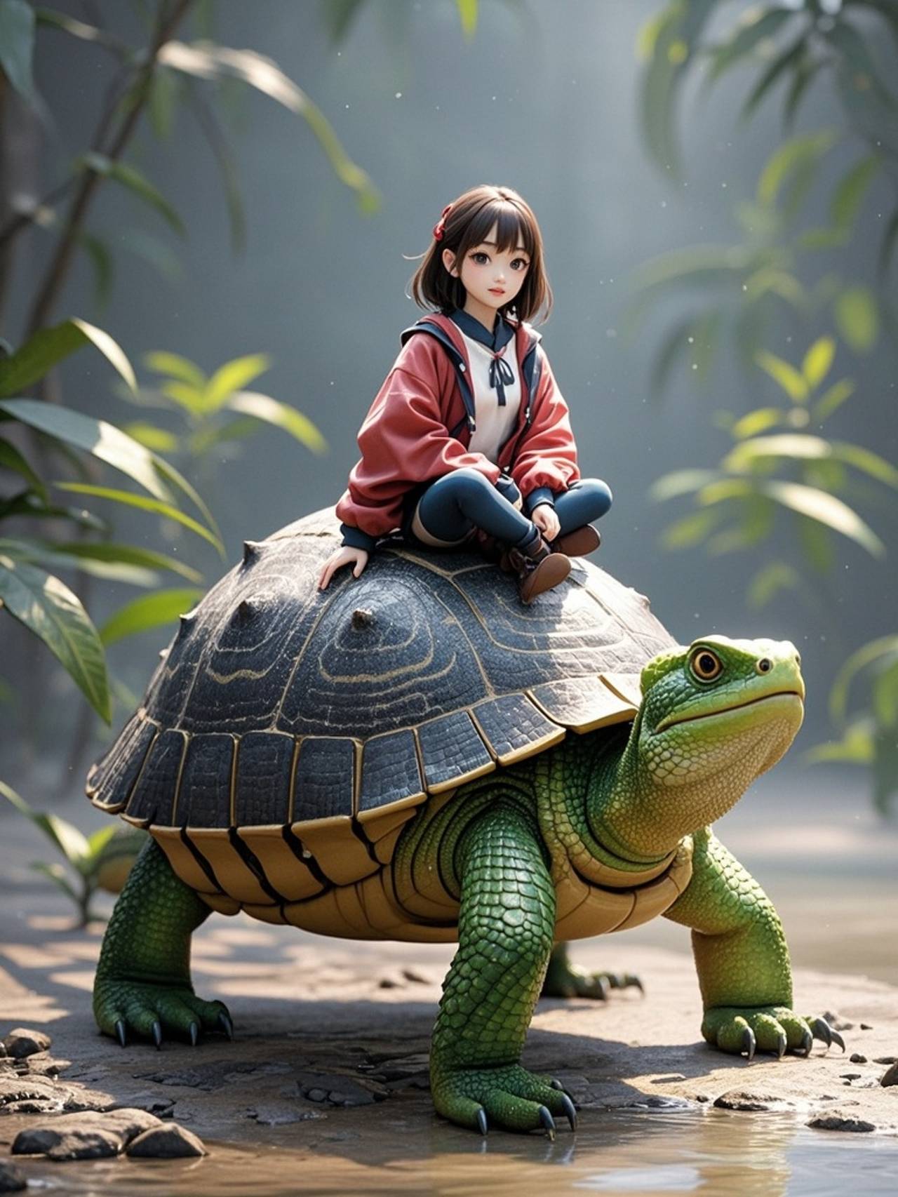 A woman riding a turtle — 詩☕さんのAIイラスト